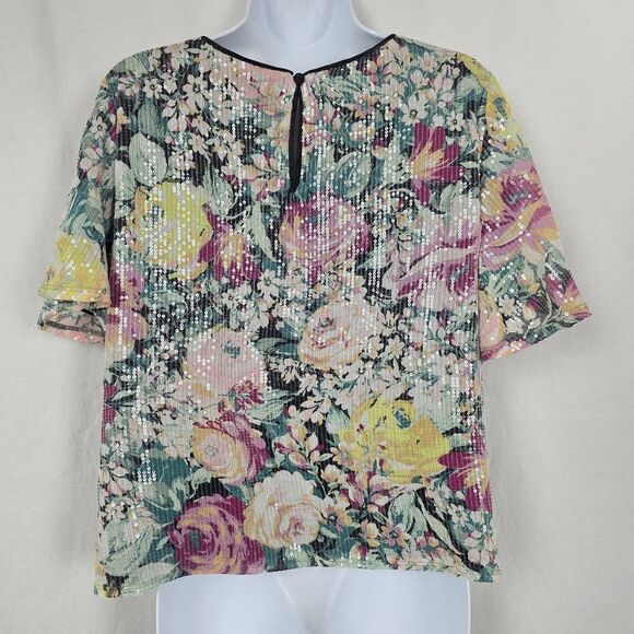 LC Lauren Conrad Sequin Floral Short Sleeve Blouse XL - Picture 4 of 8